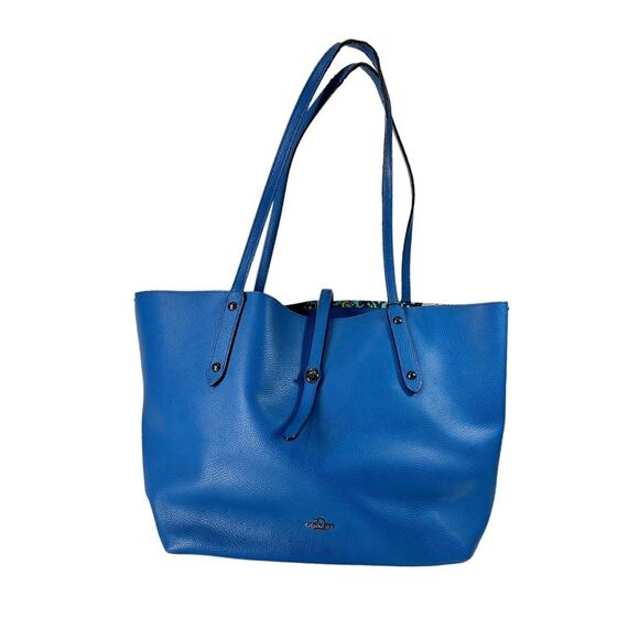 COACH PEBBLED LEATHER MARKET TOTE FLOWER FLORAL BLUE NAVY 58850 PURSE **Read** - Picture 1 of 16